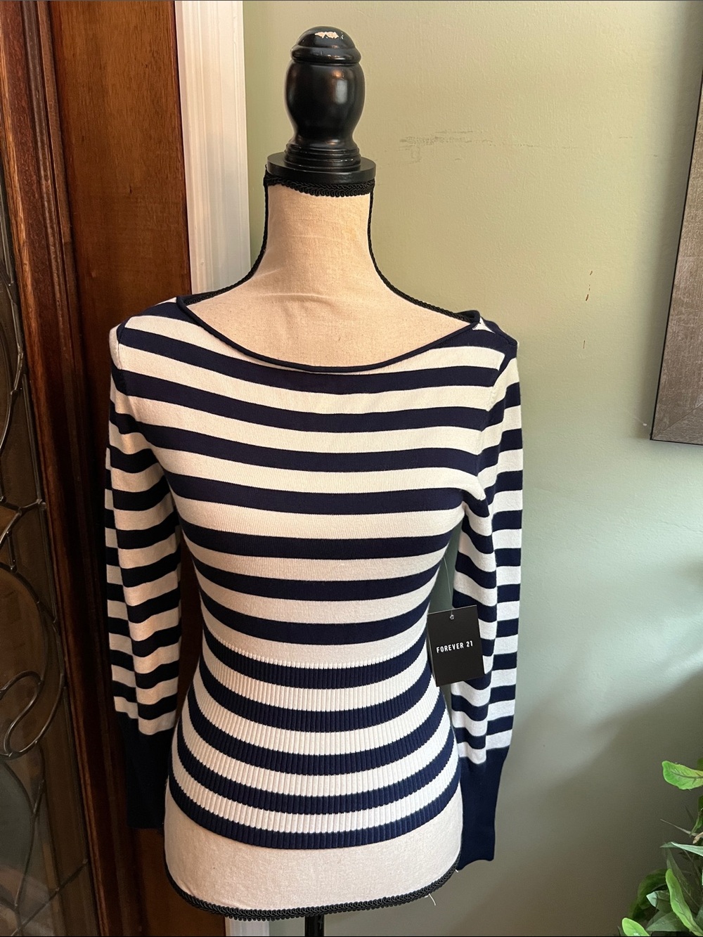 Forever 21 Navy and White Striped Boatneck Sweater